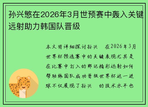 孙兴慜在2026年3月世预赛中轰入关键远射助力韩国队晋级 孙兴慜在2026年3月世预赛中轰入关键远射助力韩国队晋级